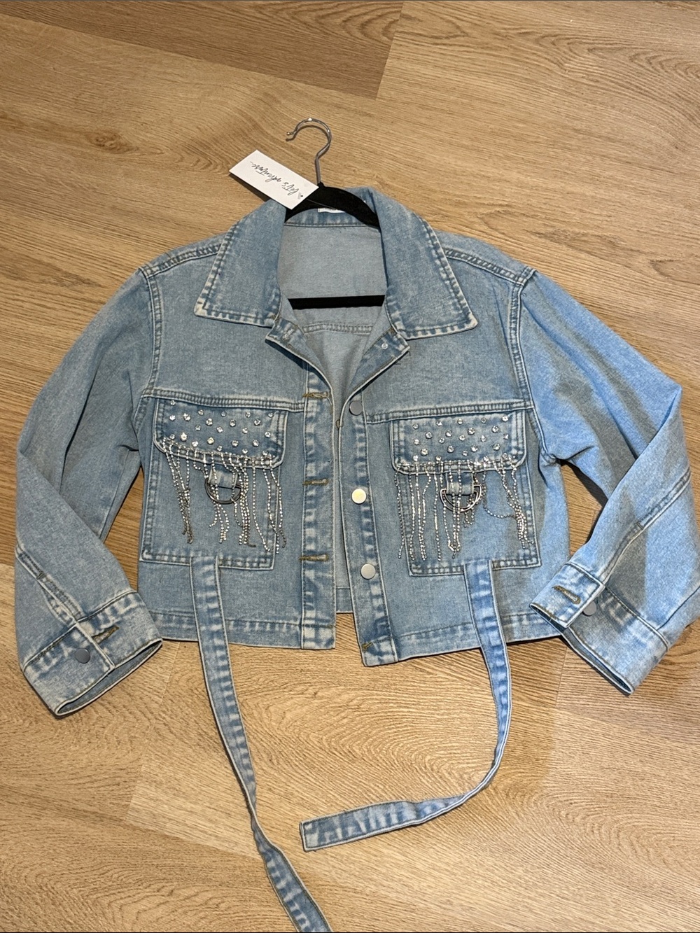 NWT 12th Tribe Light Blue Denim Jacket with Studs & Chain Fringe